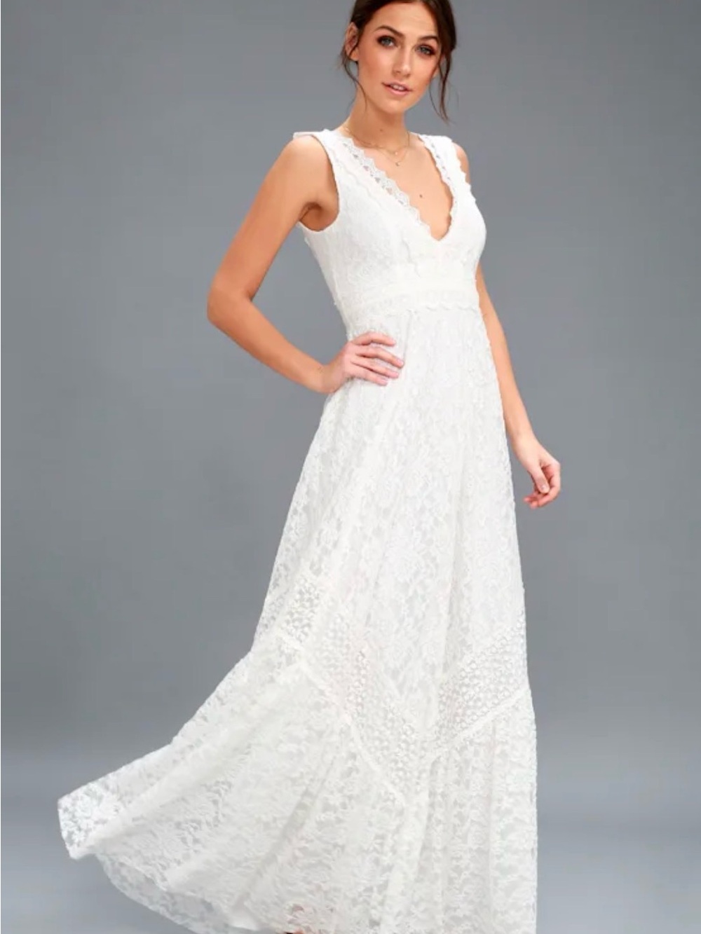 Lulu's Melia  Ivory  Lace V-Neck Maxi Dress xs